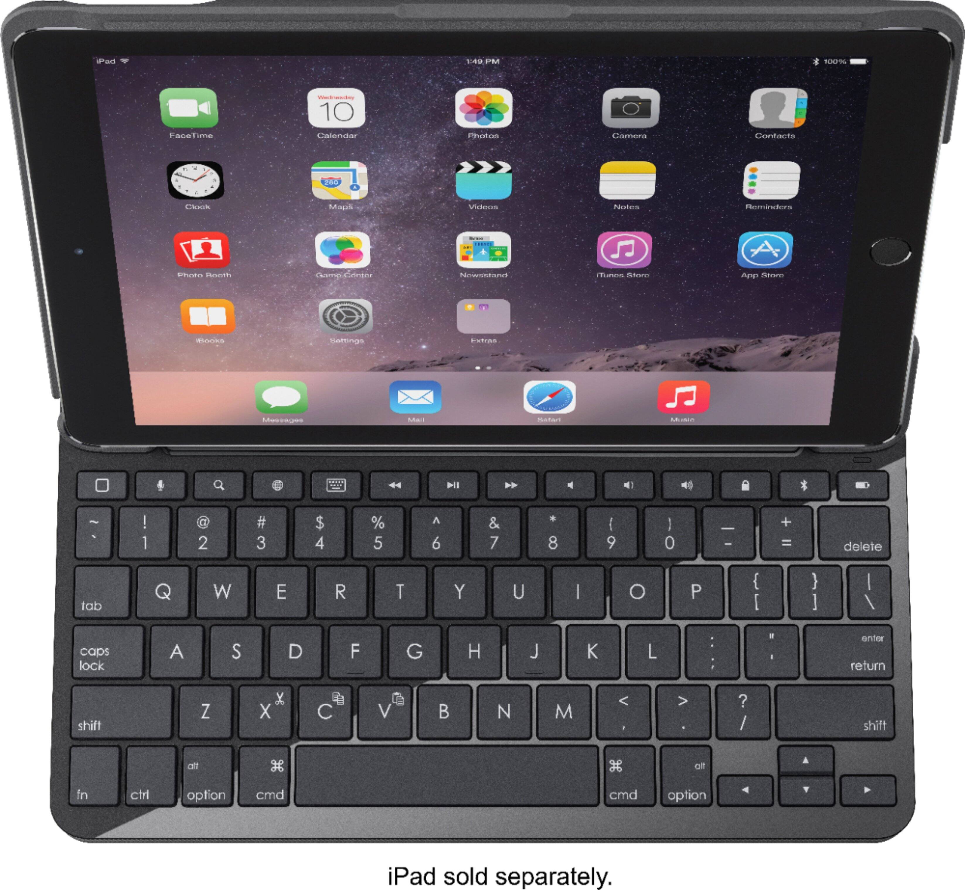 The image shows a close-up view of an iPad with a keyboard attached to it. The keyboard has a variety of buttons, including numbers, letters, and symbols. The iPad is open and displaying its home screen, which features a collection of apps. The image also includes a caption stating that the iPad is sold separately.