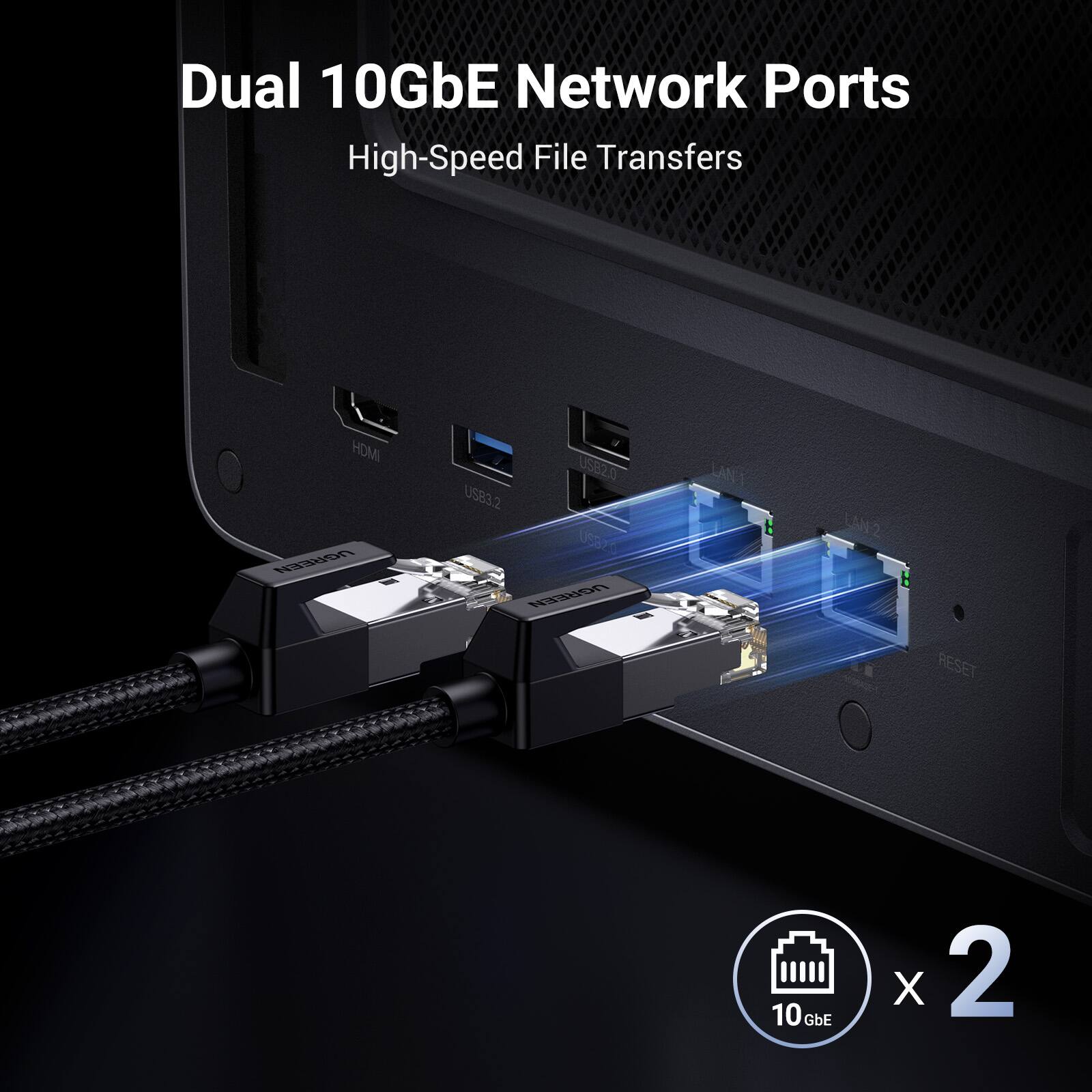 Dual 10GbE Network Ports  
High-Speed File Transfers  

HDMI  
USB2.0  
USB3.2  
RESET  
10GbE  
x 2