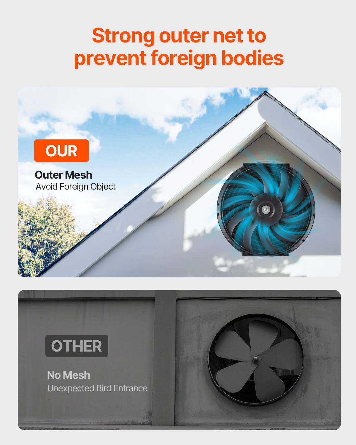 Strong outer net to prevent foreign bodies

OUR  
Outer Mesh  
Avoid Foreign Object

OTHER  
No Mesh  
Unexpected Bird Entrance