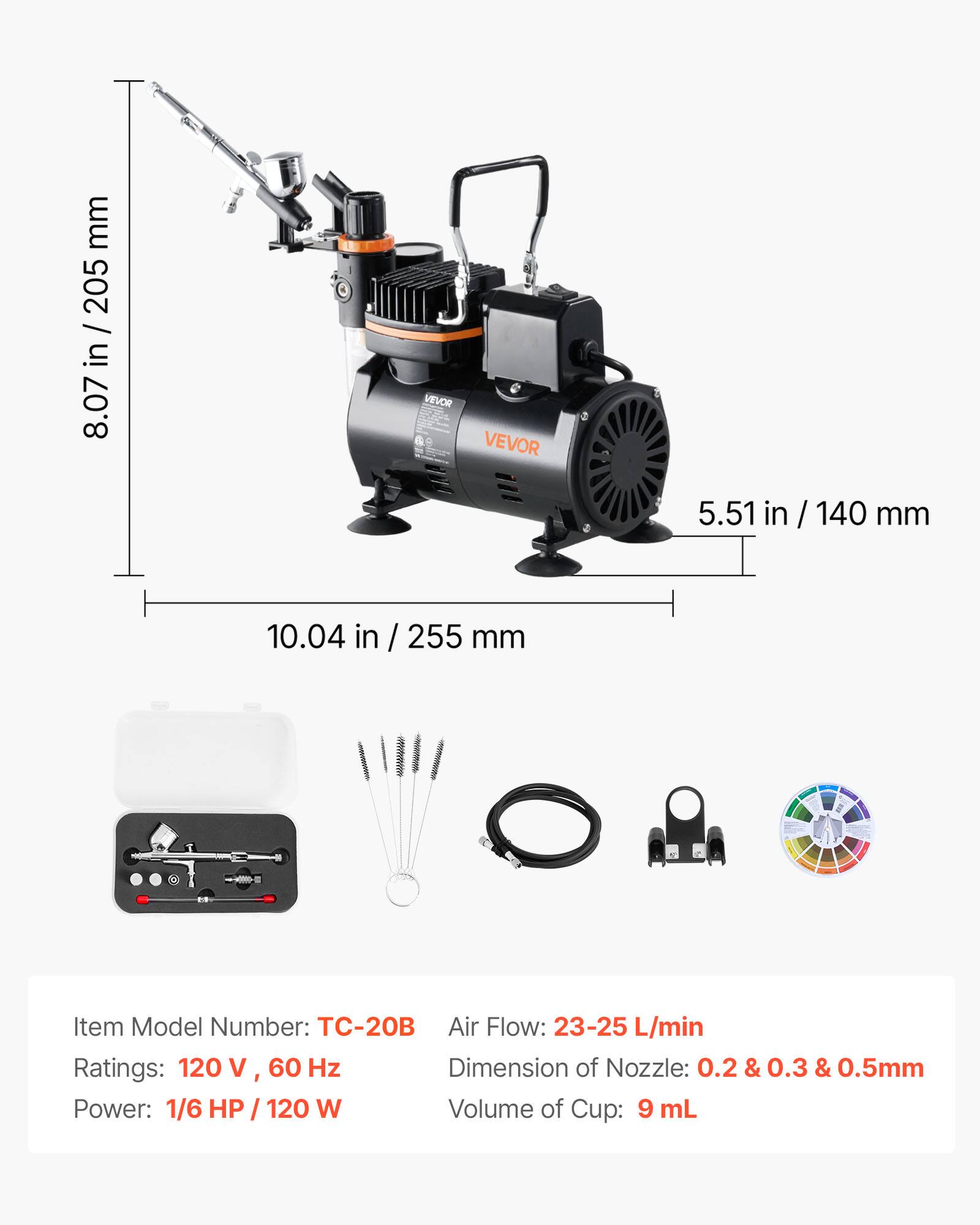 - Item Model Number: TC-20B
- Ratings: 120 V, 60 Hz
- Power: 1/6 HP / 120 W
- Air Flow: 23-25 L/min
- Dimension of Nozzle: 0.2 & 0.3 & 0.5 mm
- Volume of Cup: 9 mL
- Dimensions: 8.07 in / 205 mm (height), 5.51 in / 140 mm (width), 10.04 in / 255 mm (length)