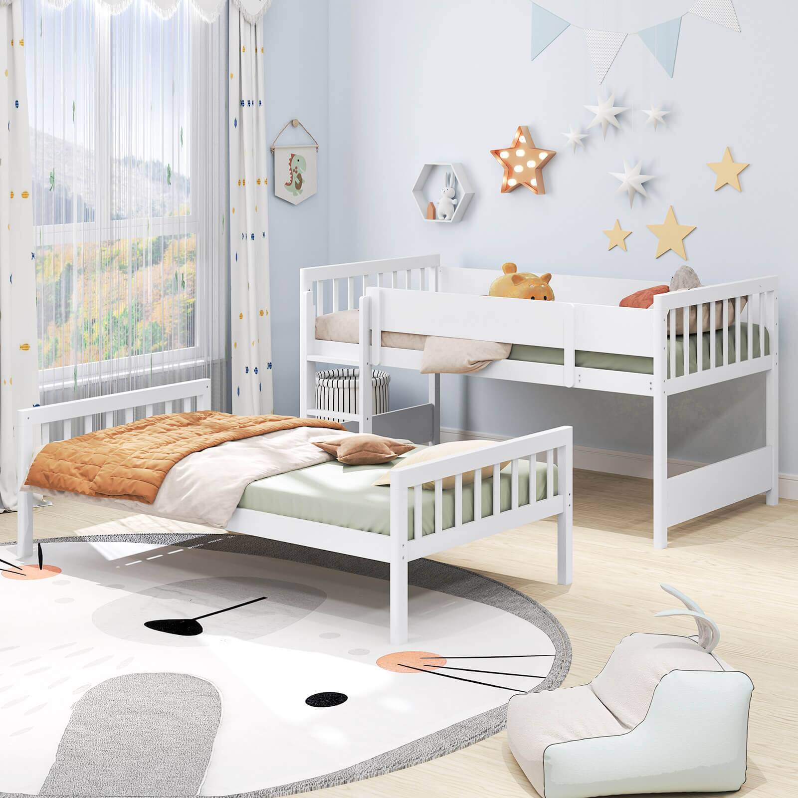 Alt View 1. Costway - Twin Over Twin Bunk Bed Solid Wood Bed Frame with Ladder Full-length Guardrails - White.