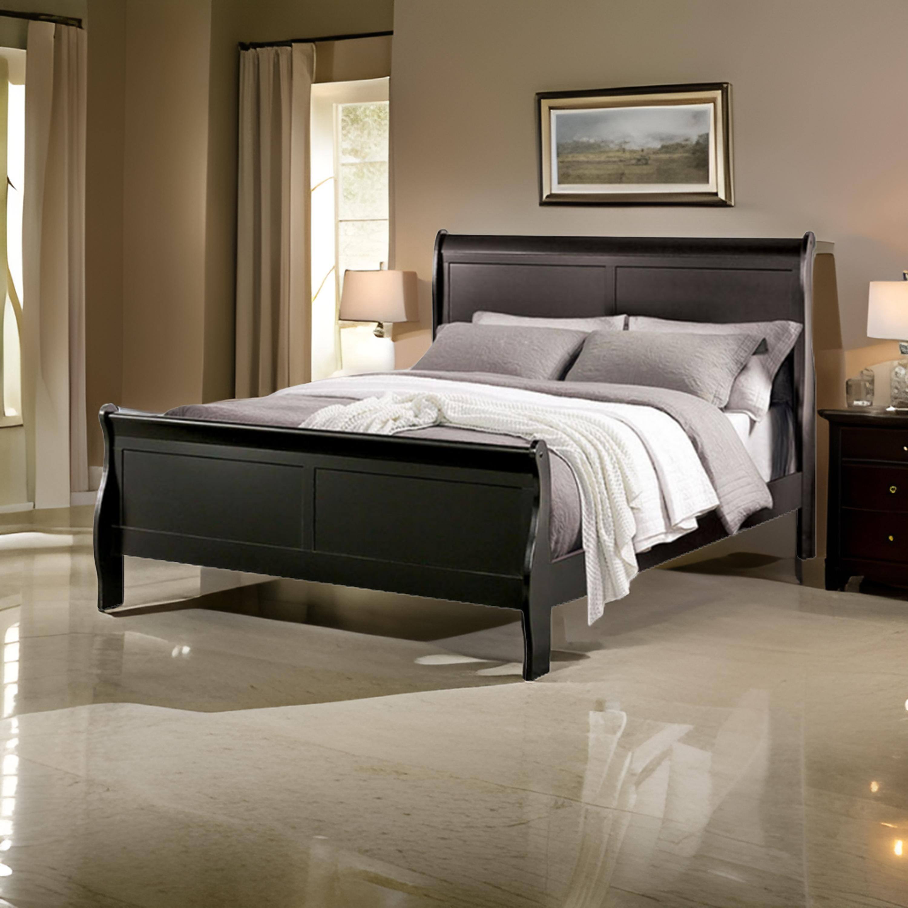 Alt View 5. Manhattan Lane - Ryla Twin Size Bed, Classic Sleigh Panel Headboard, Black Solid Wood - Black.