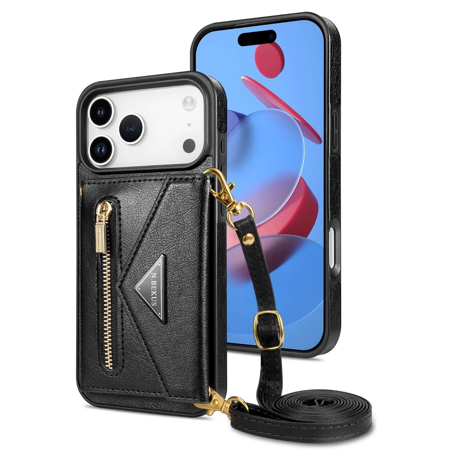 Front. UUCOVER - Wallet Case for Apple iPhone 17 Pro with Card Slots Holder, Zipper Pocket and Shoulder Strap, Flip Kickstand Phone Cover - Black.