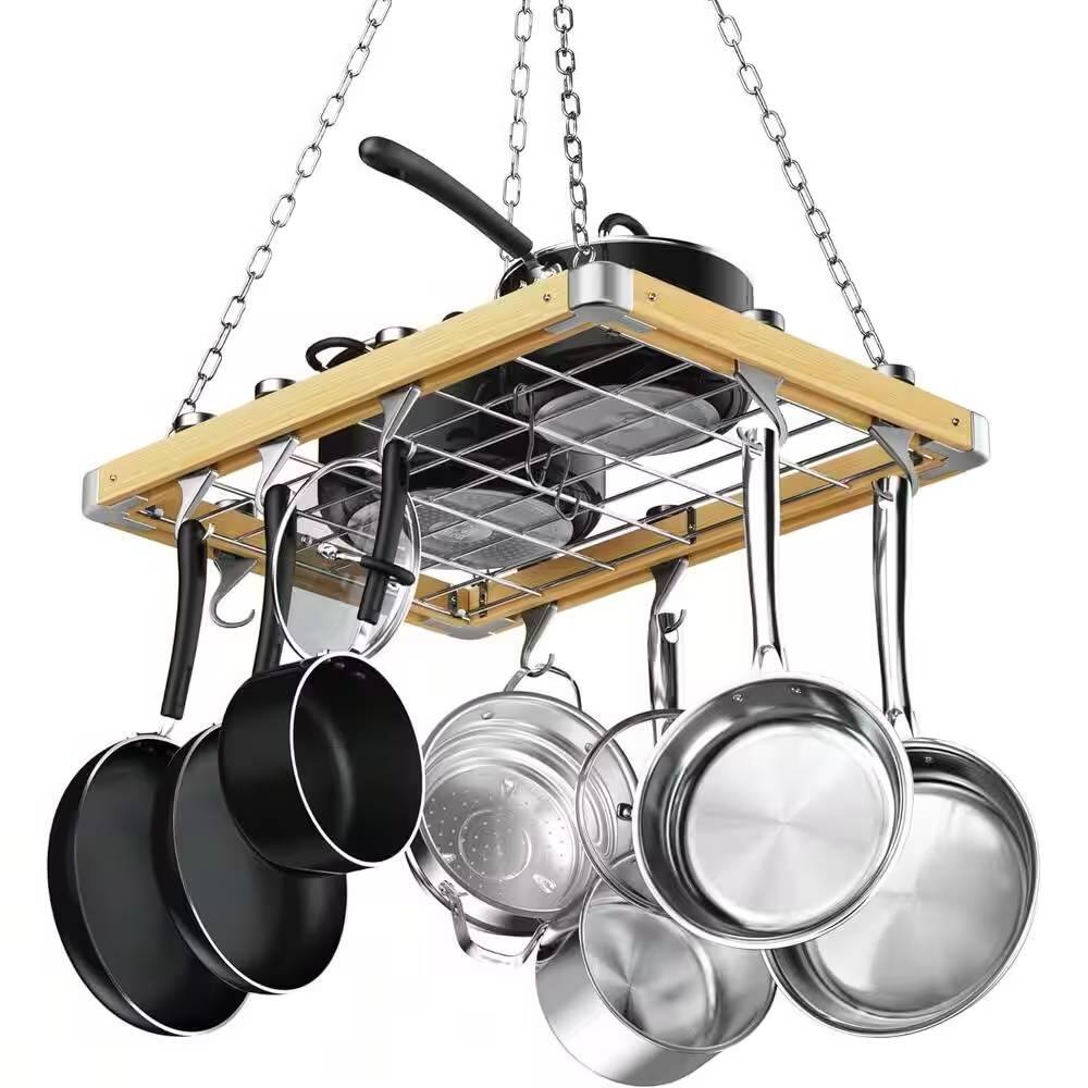 SlickBlue - Industrial Ceiling Mounted Pot Rack, 23.5-Inch Rectangular Metal Frame with Top - Wood
