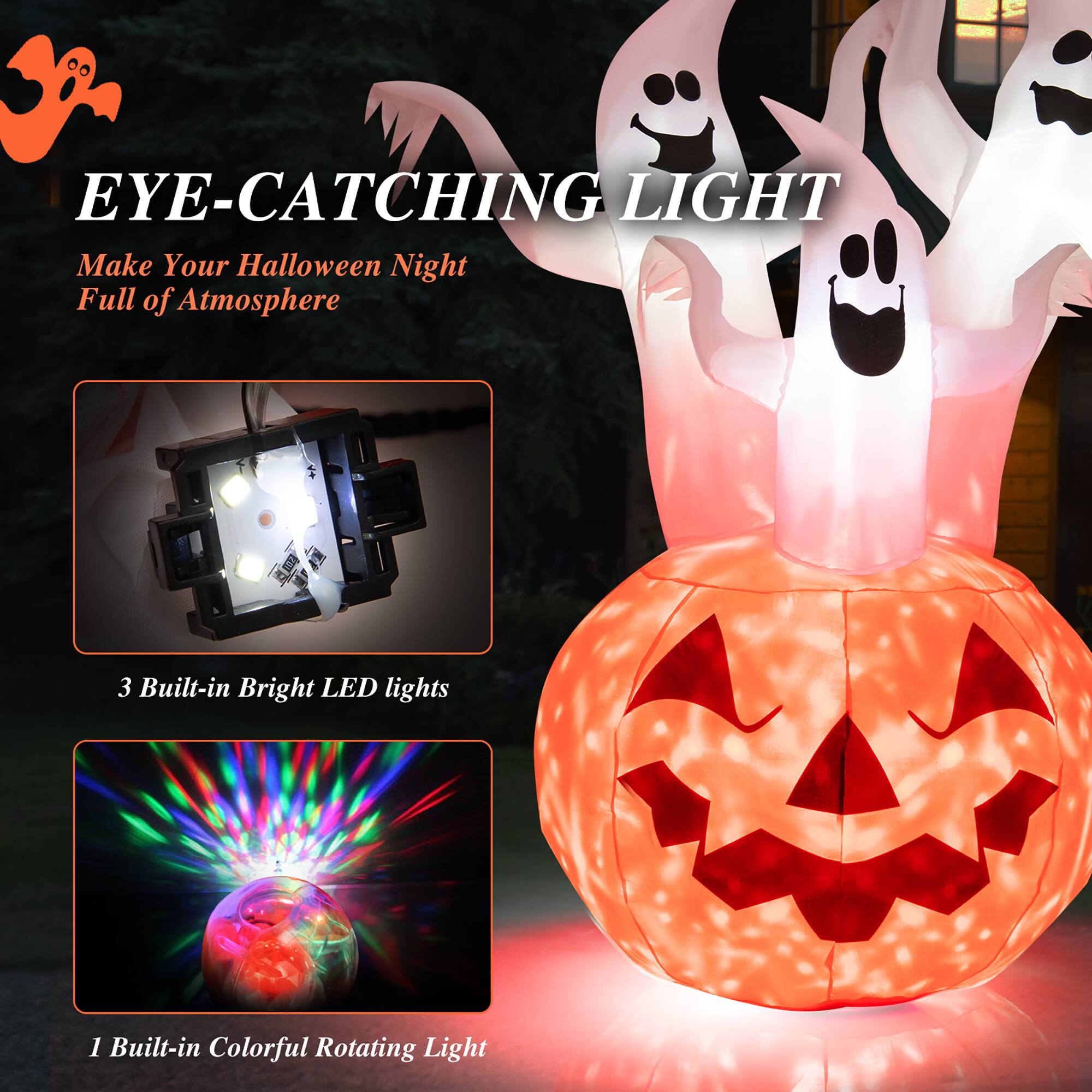 Eye-Catching Light: Make Your Halloween Night Full of Atmosphere
3 Built-in Bright LED Lights
1 Built-in Colorful Rotating Light