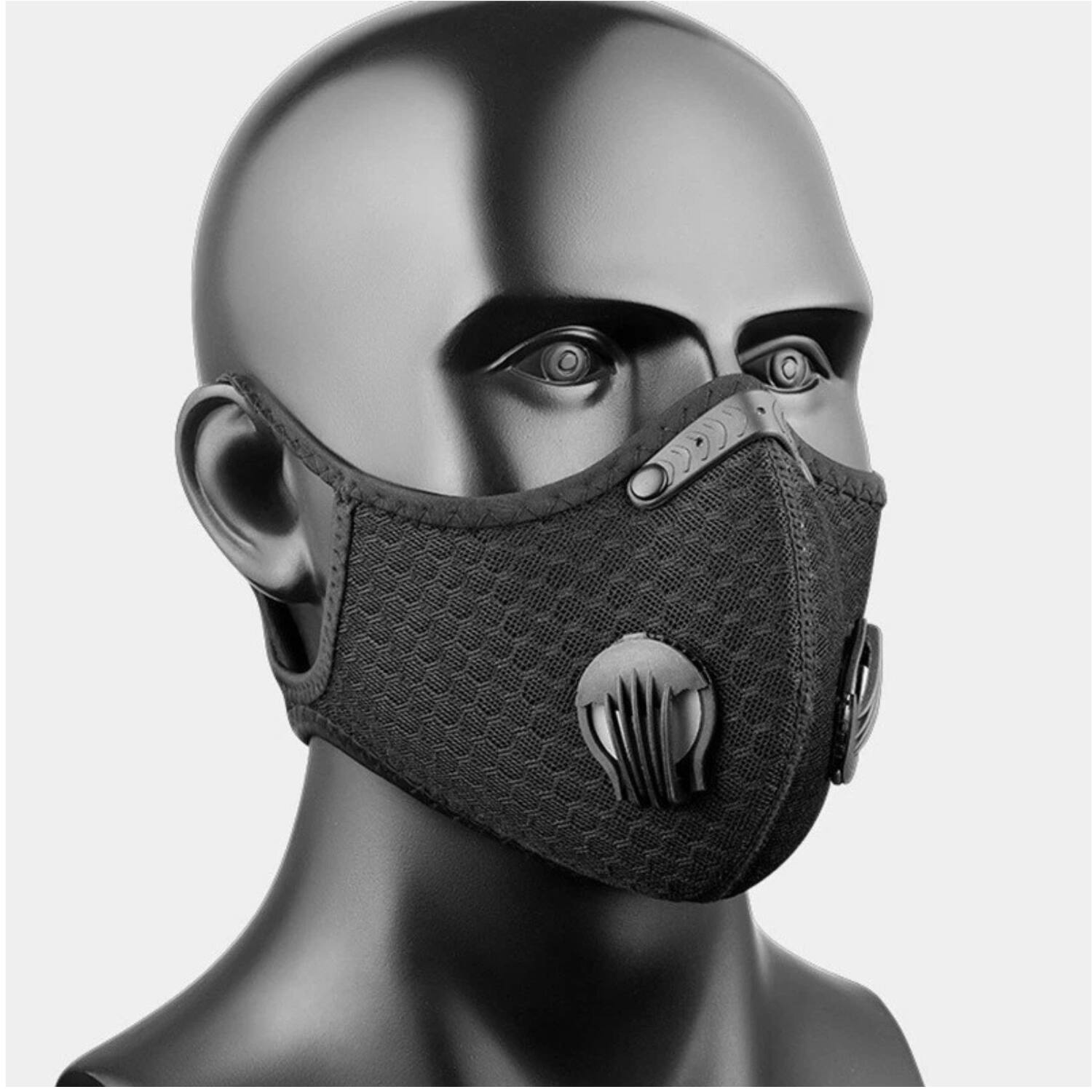 Angle. Stock Preferred - Cycling Sports Face Mask with Dual Breathing Valves and Activated Carbon Filter - Black.