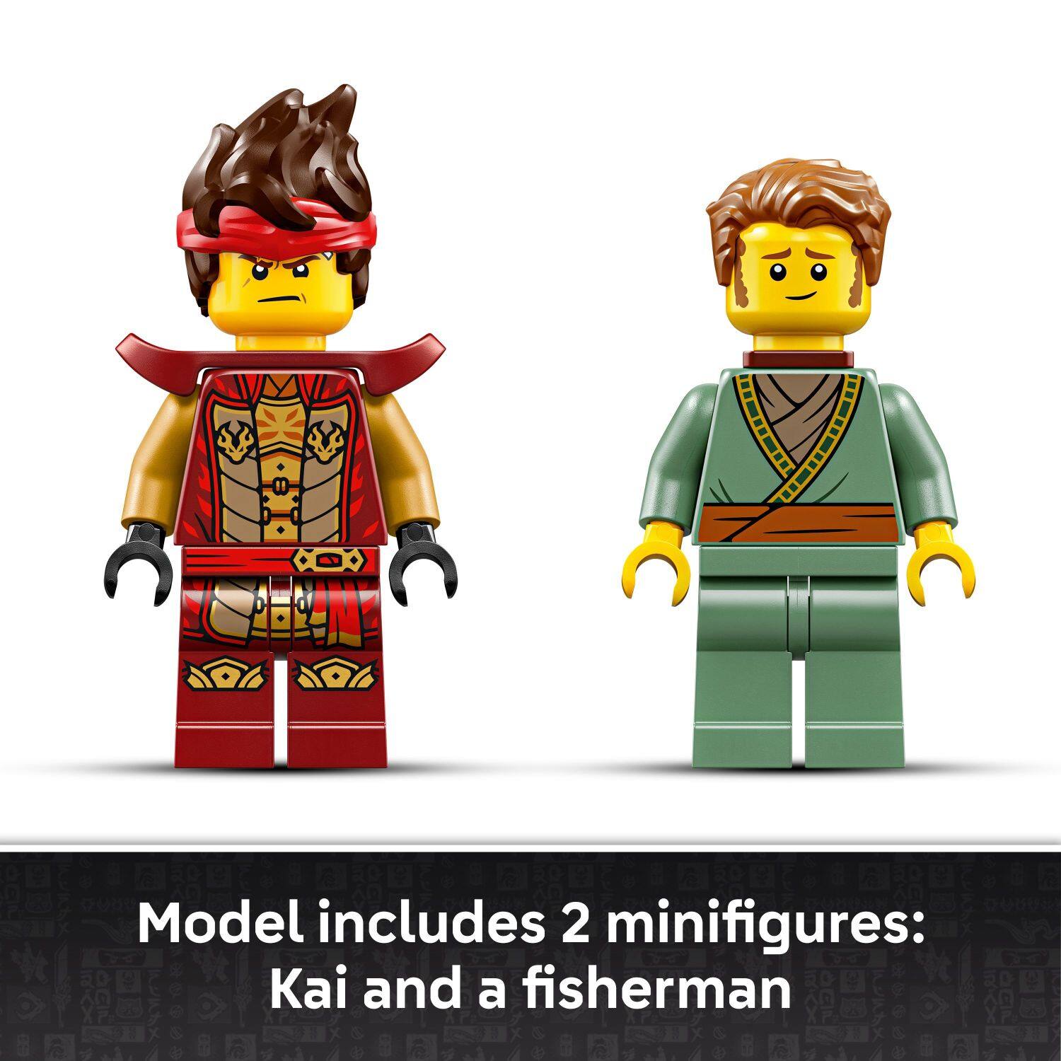 Model includes 2 minifigures: Kai and a fisherman.