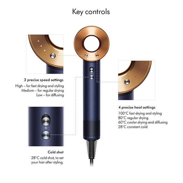 Key controls

3 precise speed settings
- High - for fast drying and styling
- Medium - for regular drying
- Low - for diffusing

4 precise heat settings
- 100°C - fast drying and styling
- 80°C - regular drying
- 60°C - cooler drying and diffusing
- 28°C - constant cold

Cold shot
- 28°C cold shot, to set your hair after styling