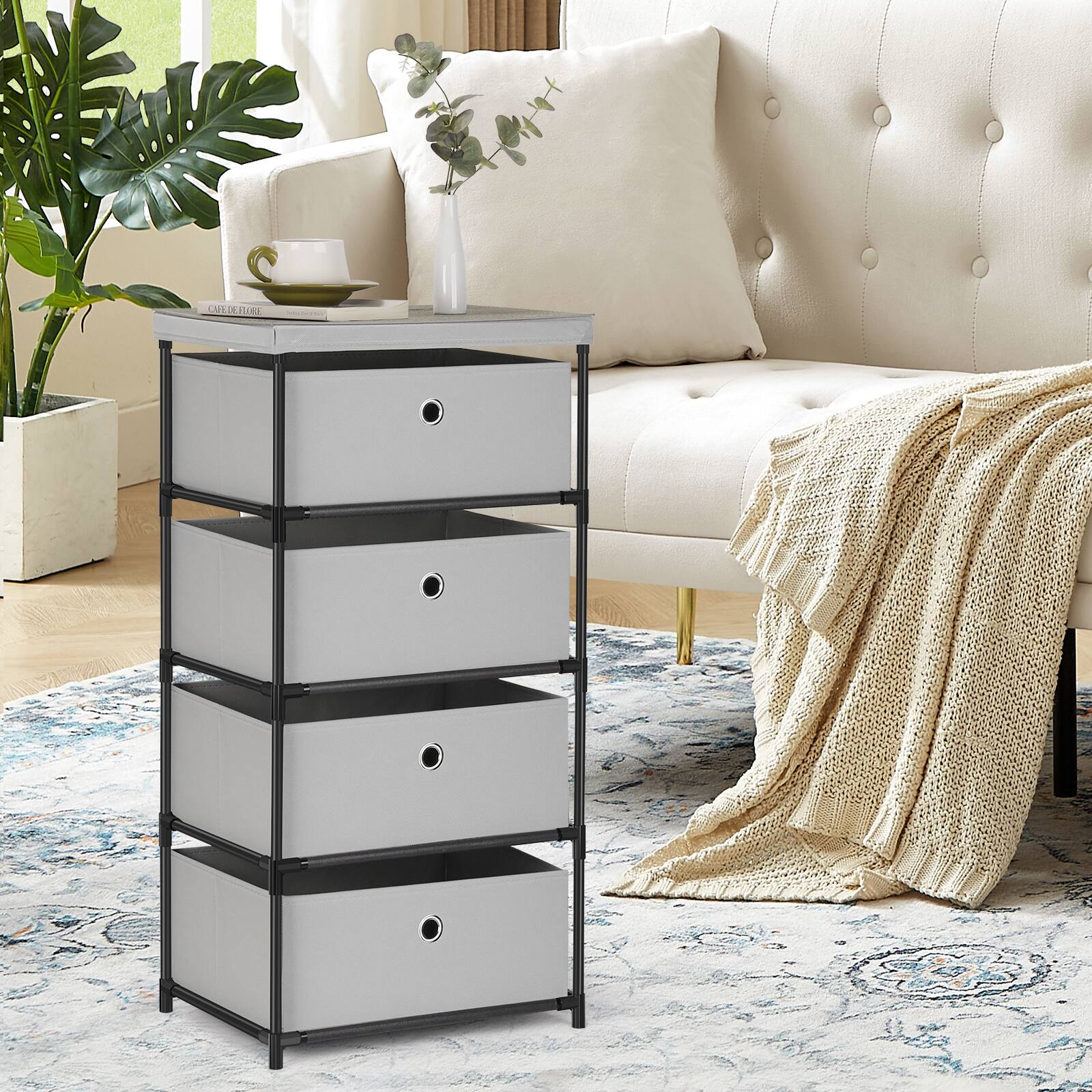 Angle. Oumilen - 4-Drawer Fabric Storage Tower with Light Gray Top, Light Gray - Gray.