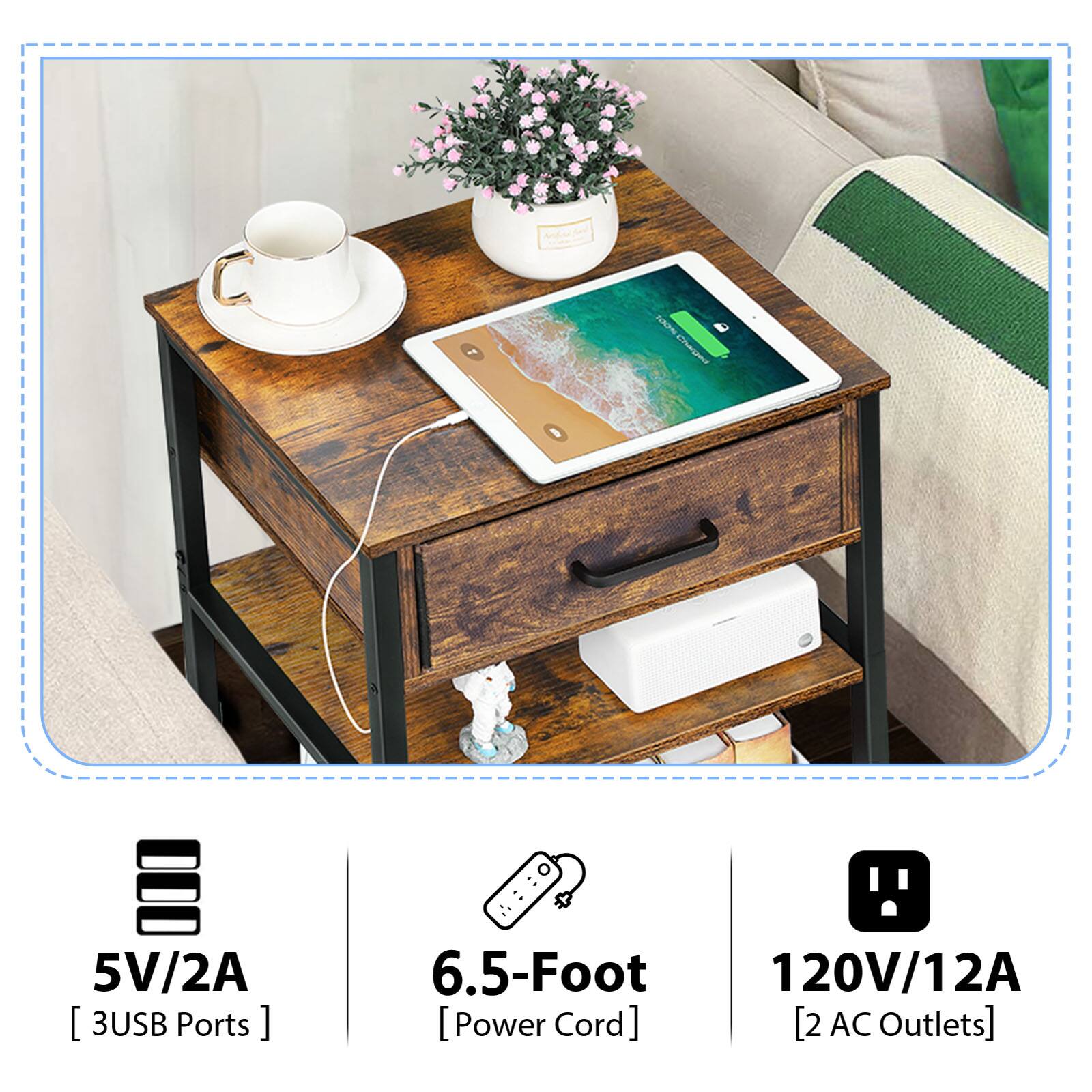 LA Caer 5V/2A [3 USB Ports] 6.5-Foot 120V/12A [Power Cord] [2 AC Outlets]