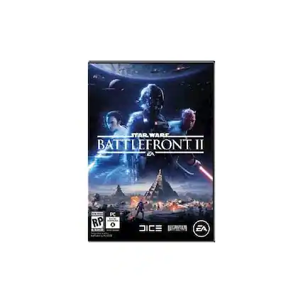 The image features a video game cover for Star Wars Battlefront II. The cover features a group of three characters, with one on the left, one in the middle, and one on the right. The game is available for the PlayStation 4, Xbox One, and PC. The cover also displays the EA and DICE logos, as well as the Lucasfilm logo. - T (Teen 13+)