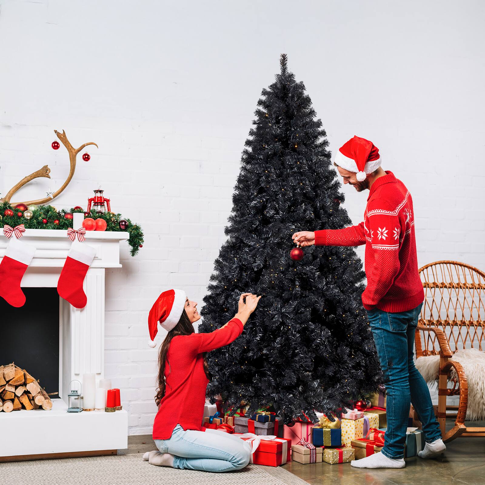 Front. VAVSEA - 7.5FT Pre-Lit Artificial Christmas Tree, Hinged Xmas Pine with 1350 Tips & 400 LED Lights for Home Holiday Party, Black - Black.