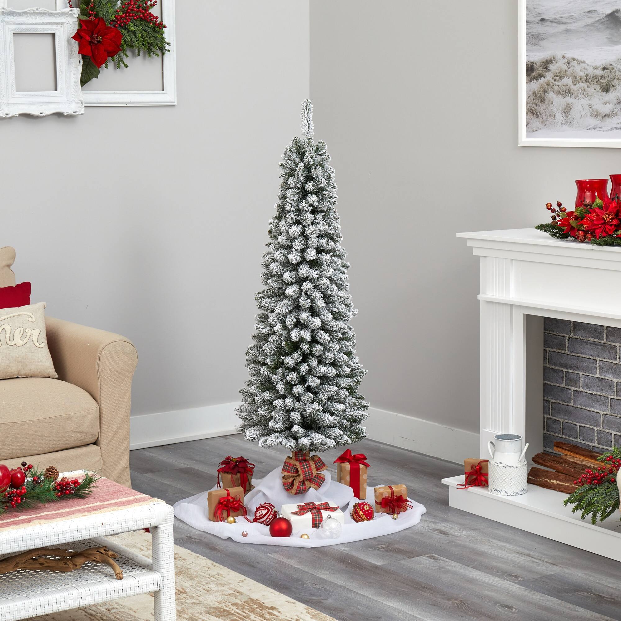 Left. BreeBe - 5’ Flocked Pencil Christmas Tree w/200 Lights & 318 Tips - White, Green.