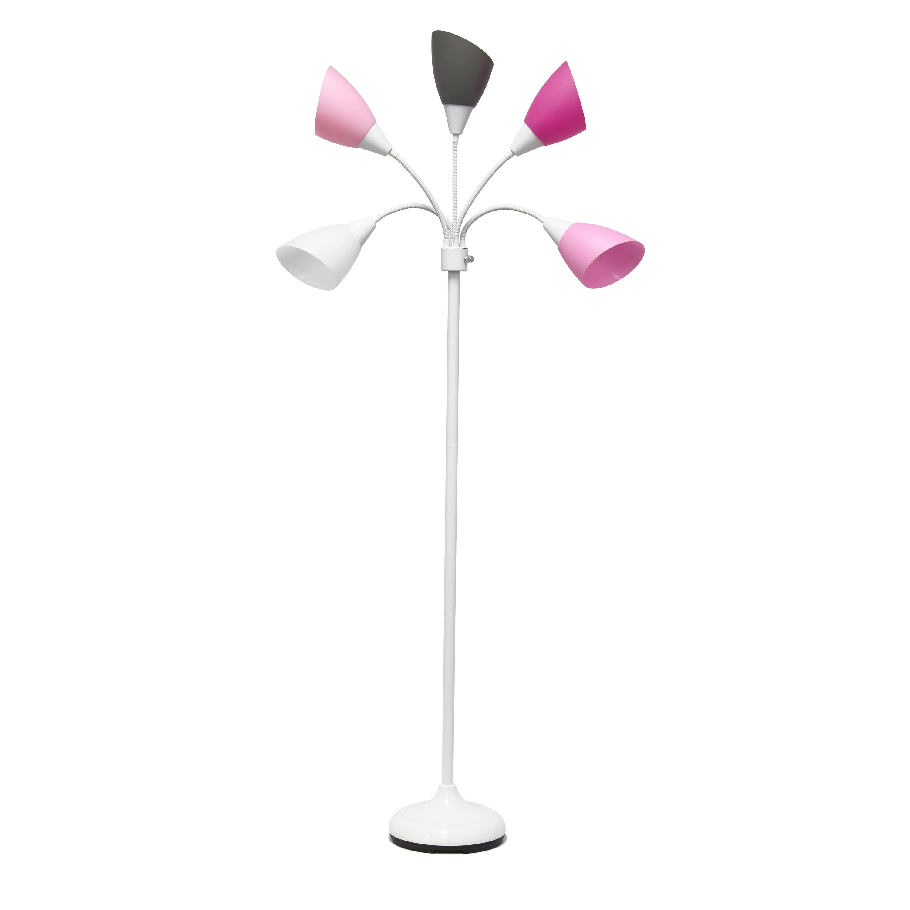 Front. Simple Designs - Simple Designs 5 Light Adjustable Gooseneck Floor Lamp - White/Pink Shades.