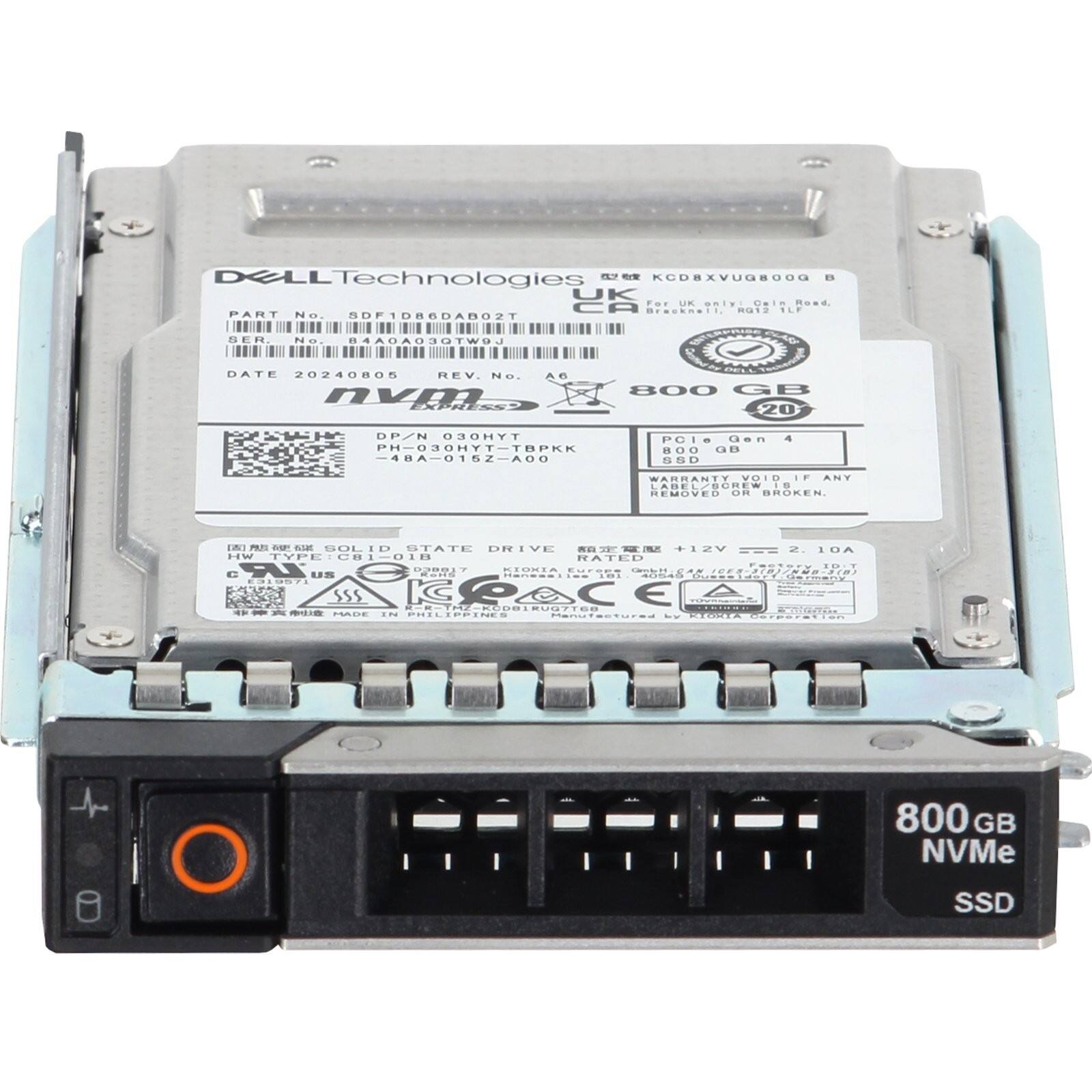 DELL Technologies  
KCDBXVUGBOOO  
UK TOE UK Vine  
PART No: SDF1D86DAB02T  
BER No: LOWTOCDADAPS  
DATE: 20240805  
REV. No: A6  
DP/N: 030HYT-TBPKK-4A-0152-A00  
WARRANTY VOID IF ANY LABEL/SO REMOVED OR BROKEN  
PLS SOLID STATE DRIVE  
HW TYPE: NVMe  
+12V 2.10A  
800 GB NVMe SSD  
MADE IN PHILIPPINES  
Manufactured by PIONTA Corporation