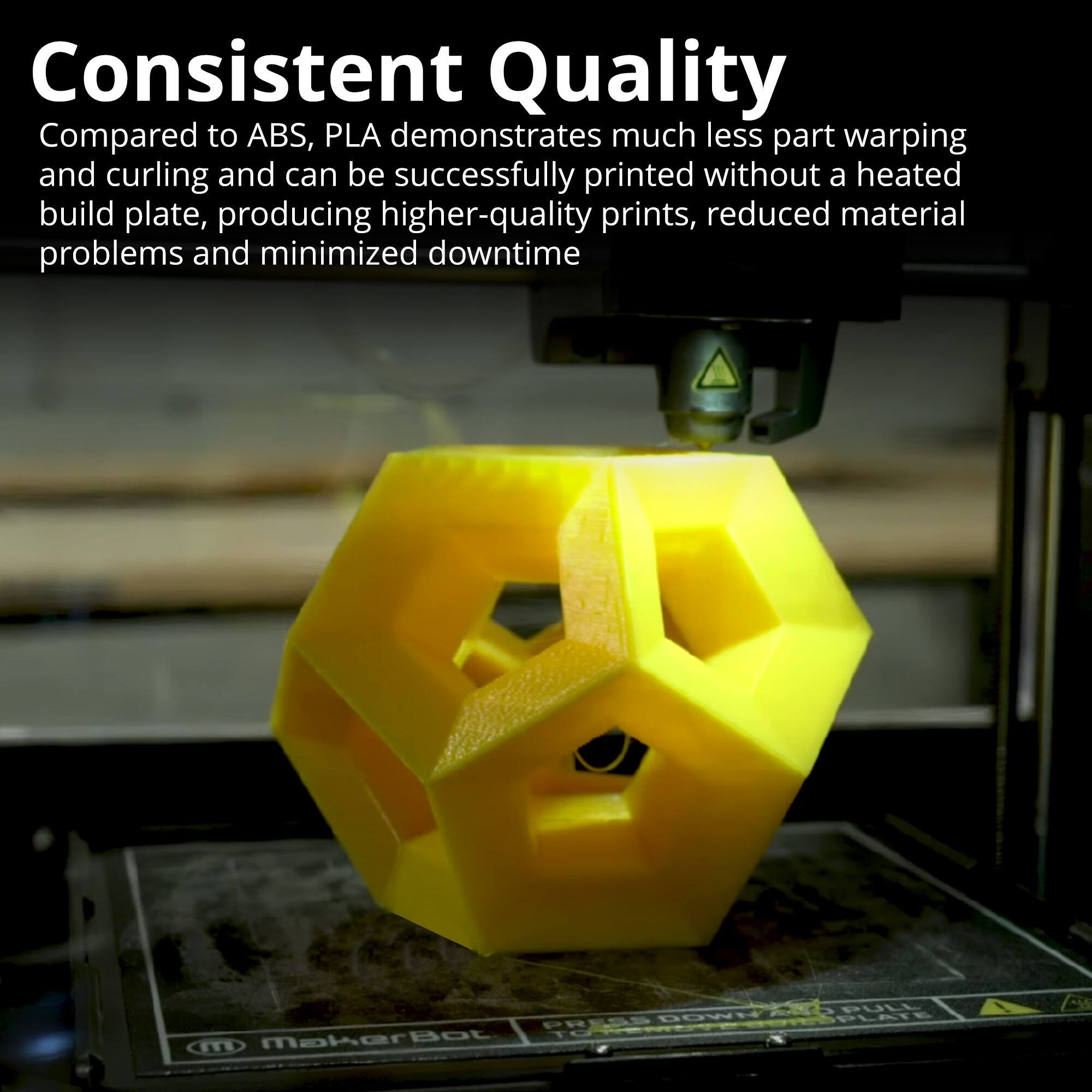 Consistent Quality

Compared to ABS, PLA demonstrates much less part warping and curling and can be successfully printed without a heated build plate, producing higher-quality prints, reduced material problems and minimized downtime.