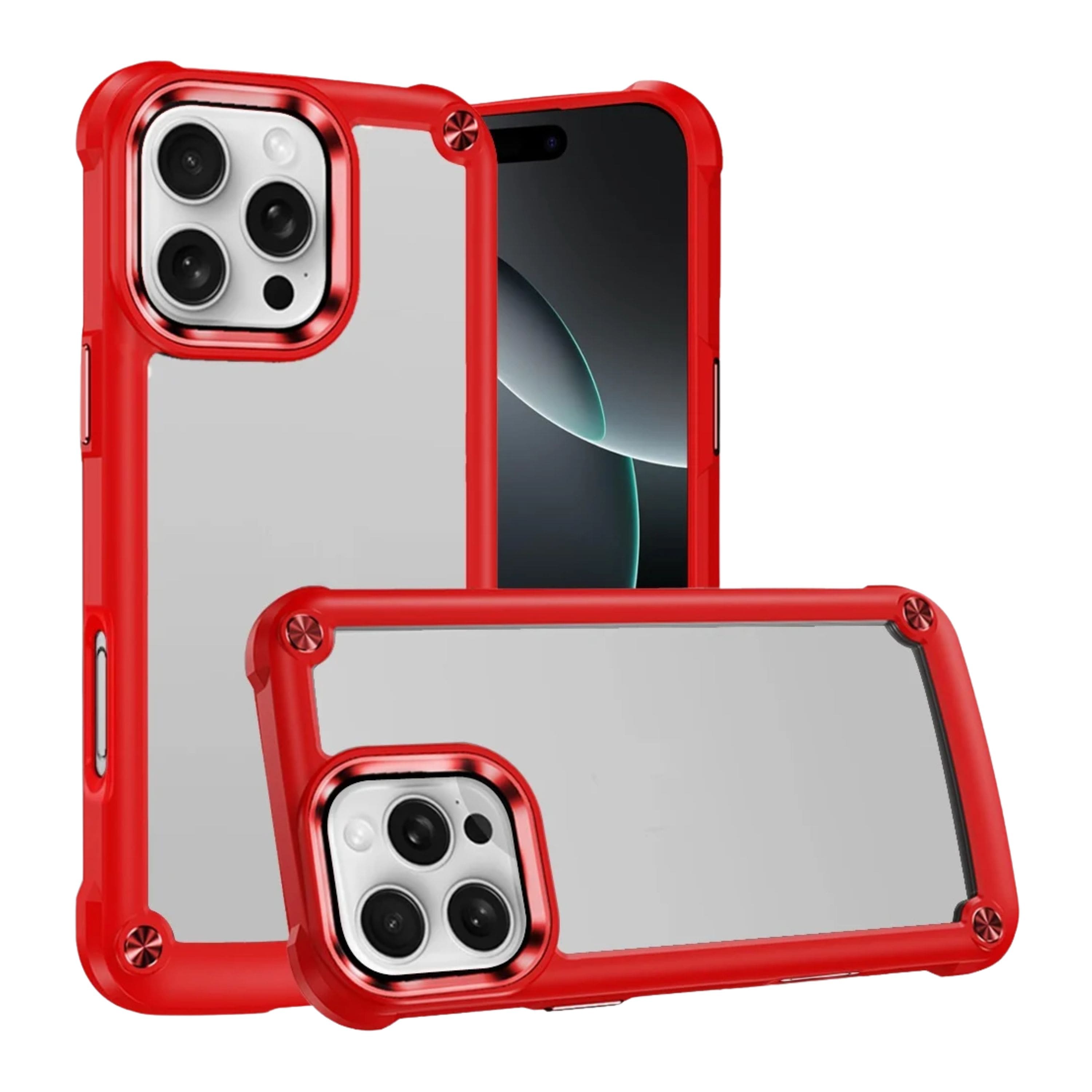 Kitcheniva - Raised Camera Lip Metal Buttons Phone Case With Tempered Glass For iPhone 16 Pro - Red
