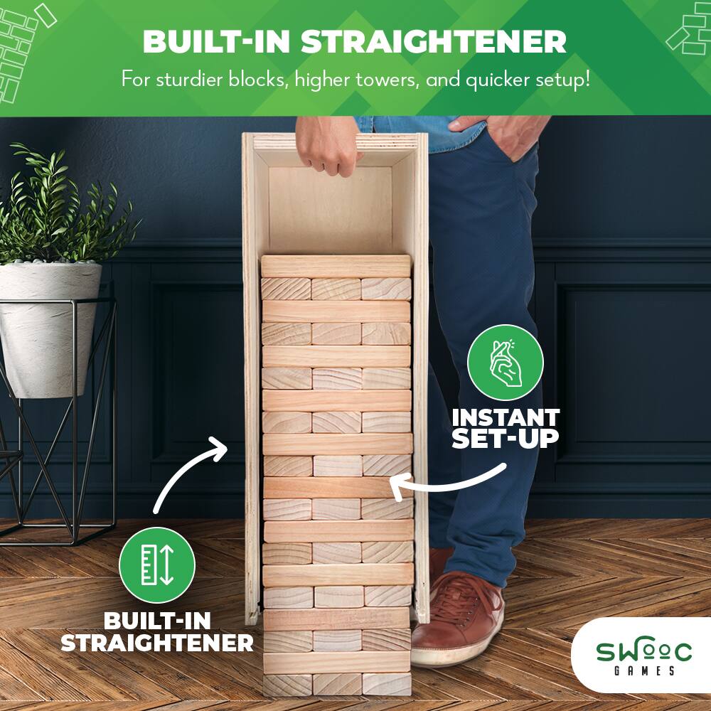BUILT-IN STRAIGHTENER  
For sturdier blocks, higher towers, and quicker setup!  
INSTANT SET-UP  
BUILT-IN STRAIGHTENER  
SWC GAMES