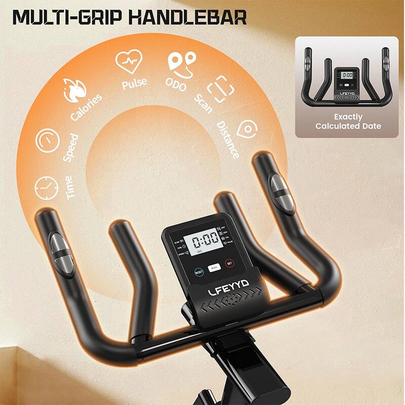 MULTI-GRIP HANDLEBAR

Pulse Calories Speed Time ODO Scan Distance

Exactly Calculated Date

LFETTO

0:00

LFETTO

0:00