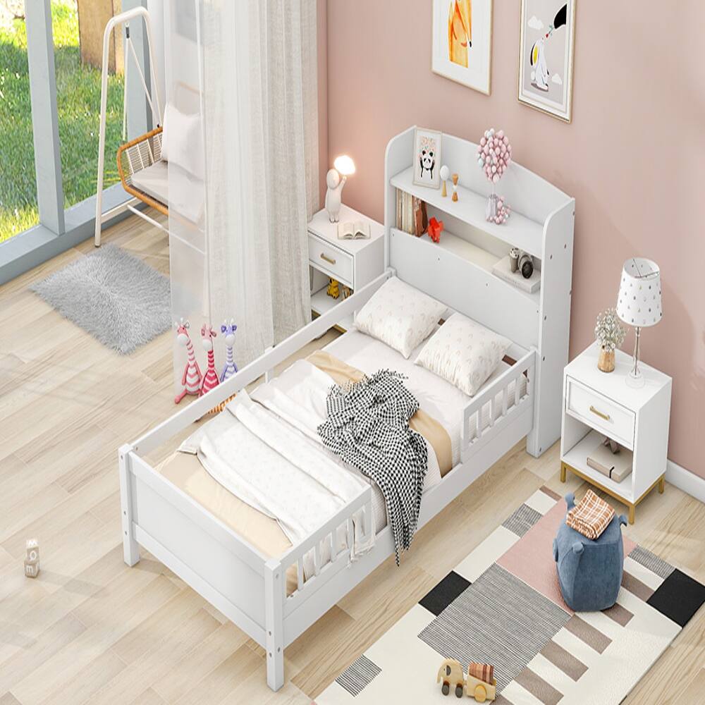 Alt View 2. Loheer - Loheer Twin Size Platform Bed, Wood Twin Bed with Built-in LED Light, Storage Headboard and Guardrail, White - White.