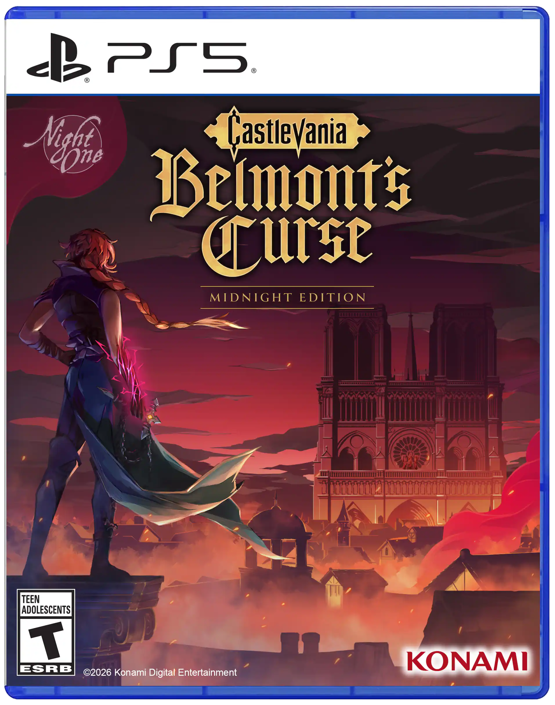 PS5  
Night Castlevania One Belmont's Curse MIDNIGHT EDITION  
TEEN ADOLESCENTS T ESRB 2026 Konami Digital Entertainment  
KONAMI