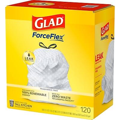 GLAD ForceFlex  
LEAK PROTECTION  
FRAGRANCE FREE  
MADE WITH 100% RENEWABLE ENERGY  
ZERO WASTE TO LANDFILL FACILITY  
13 TALL CAN KITCHEN DRAWSTRING BAGS  
120 M  
159 cm x 64.5 cm