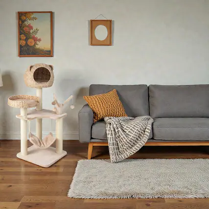 Front. BreeBe - Multi-Tier Cat Tower with Condo, Hammock, and Rotating Hanging Toys - Natural.