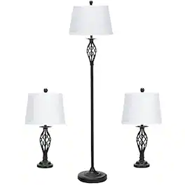 Costway - 3-Piece Lamp Set 2 Table Lamps 1 Floor Lamp Fabric Shades Living Room Bedroom - as pic