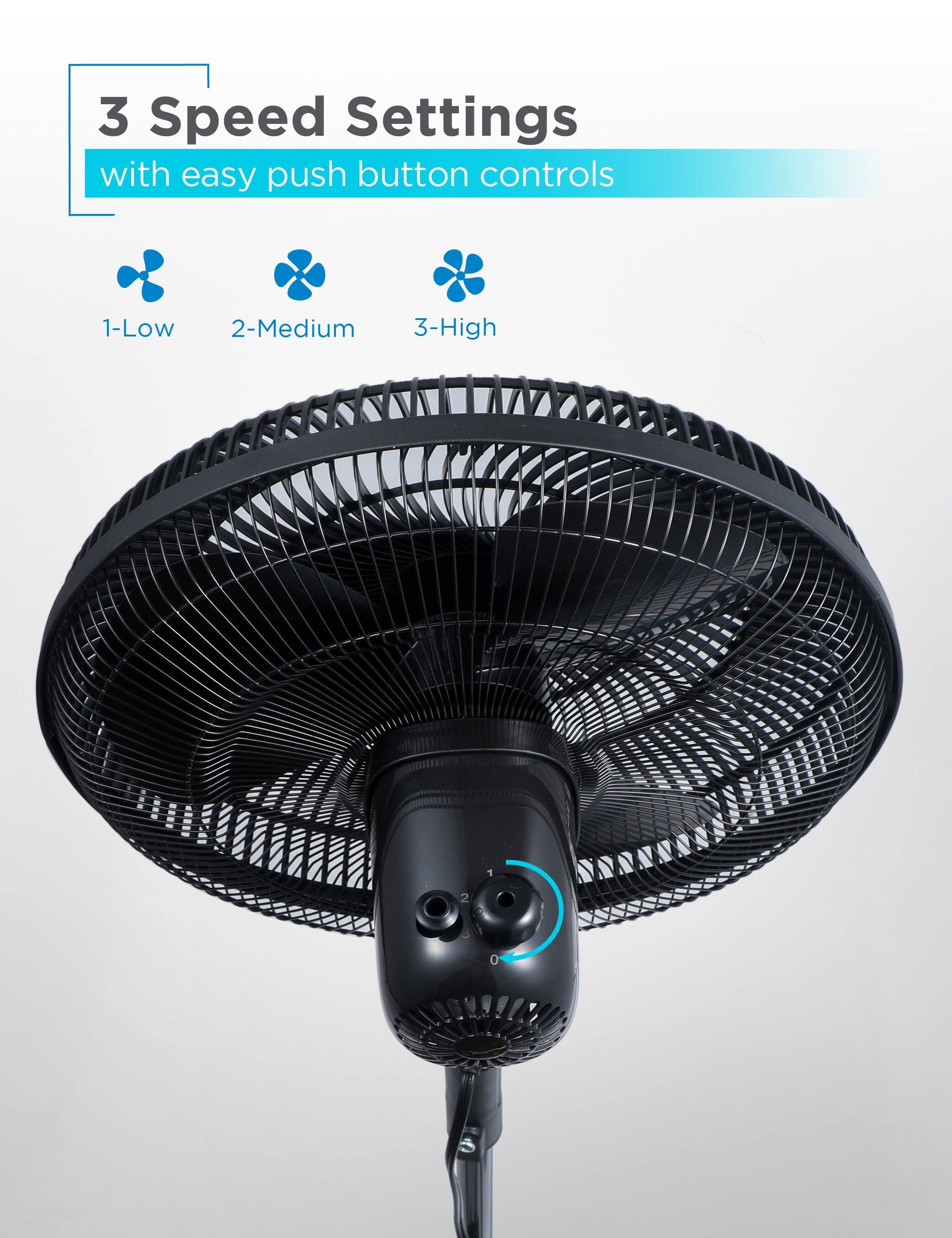 3 Speed Settings with easy push button controls
1-Low
2-Medium
3-High