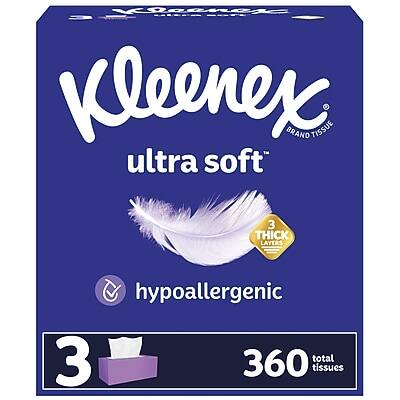 Kleenex  
ultra soft  
BRAND TISSUE  

3 THICK LAYERS  

hypoallergenic  

3  
360 total tissues