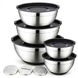 Luminuxe - 5‑Pc Stainless Steel Mixing Bowls w/ Grater & Lids, Durable Nonslip Nesting Rust-Proof for Cooking