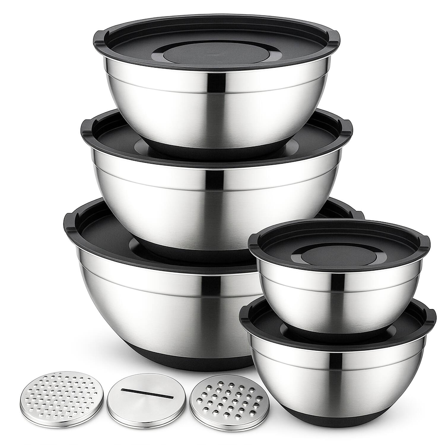 Front. Luminuxe - 5‑Pc Stainless Steel Mixing Bowls w/ Grater & Lids, Durable Nonslip Nesting Rust-Proof for Cooking.
