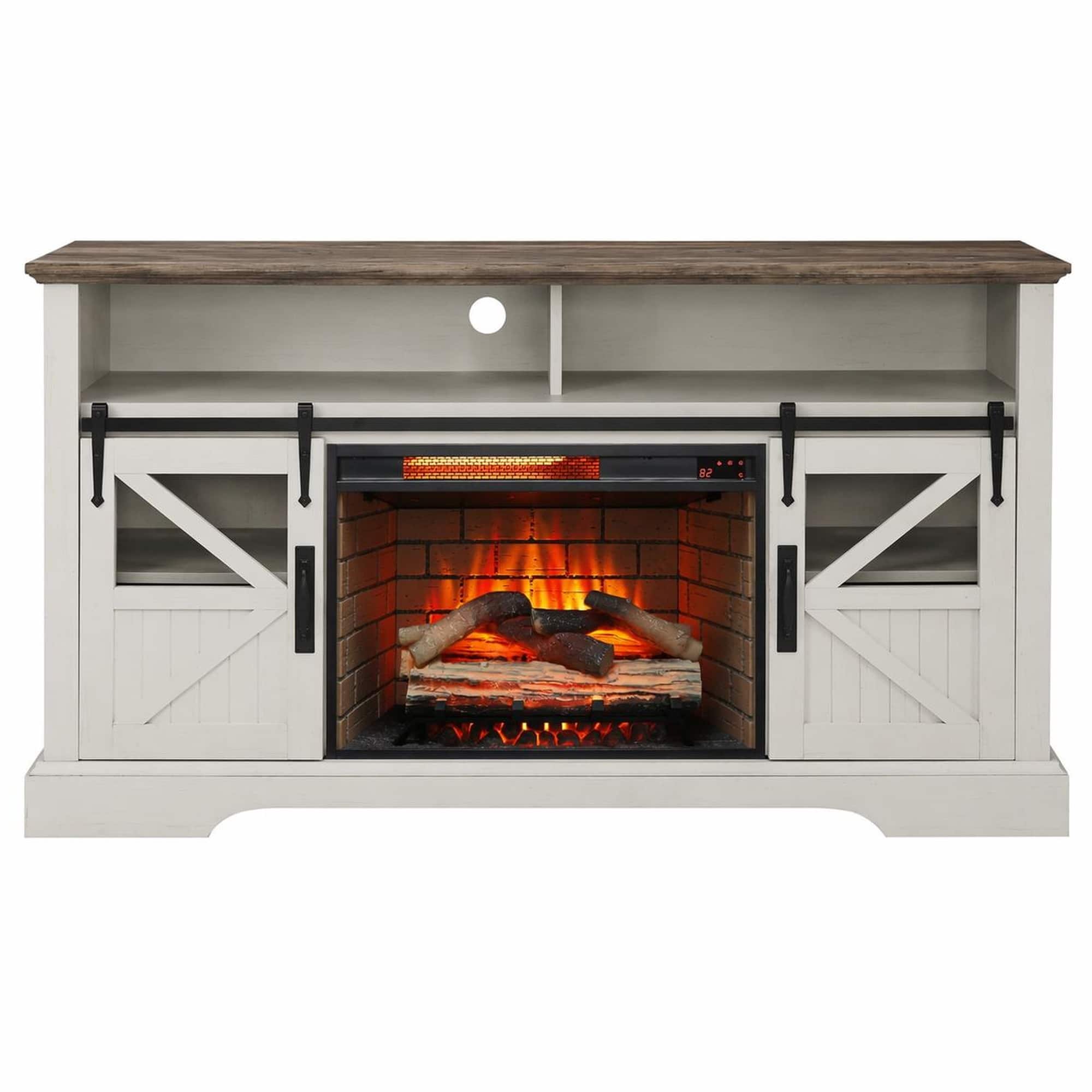 RYHNUYNE - 60" Electric Fireplace Entertainment Center with Door Sensor – TV Stand for TVs up to 70" - Jasmine White
