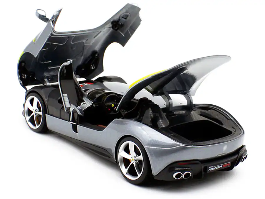 Alt View 4. Bburago - Ferrari Monza SP1 Silver Metallic with Yellow Stripes 1/18 Diecast Model Car by Bburago.