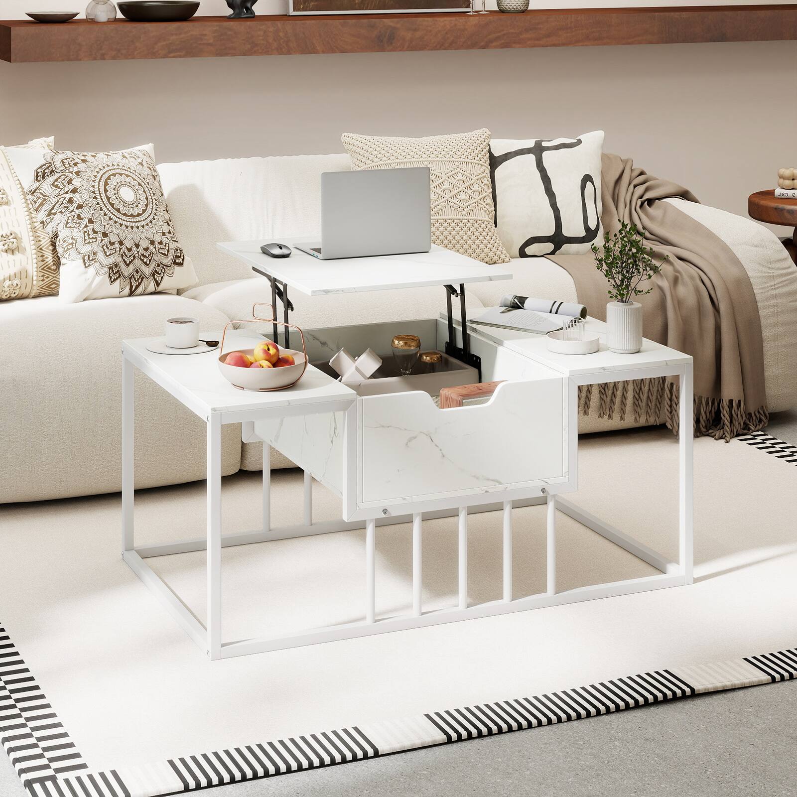 Alt View 4. Gymax - Gymax Lift-Top Coffee Table w/ Hidden Storage & Heavy-Duty Metal Frame for Living Room - White.