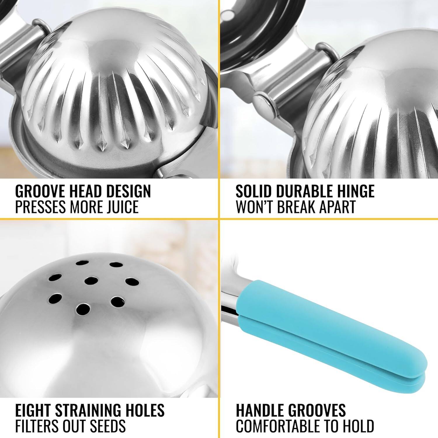 GROOVE HEAD DESIGN PRESSES MORE JUICE, SOLID DURABLE HINGE WON'T BREAK APART, EIGHT STRAINING HOLES FILTERS OUT SEEDS, HANDLE GROOVES COMFORTABLE TO HOLD