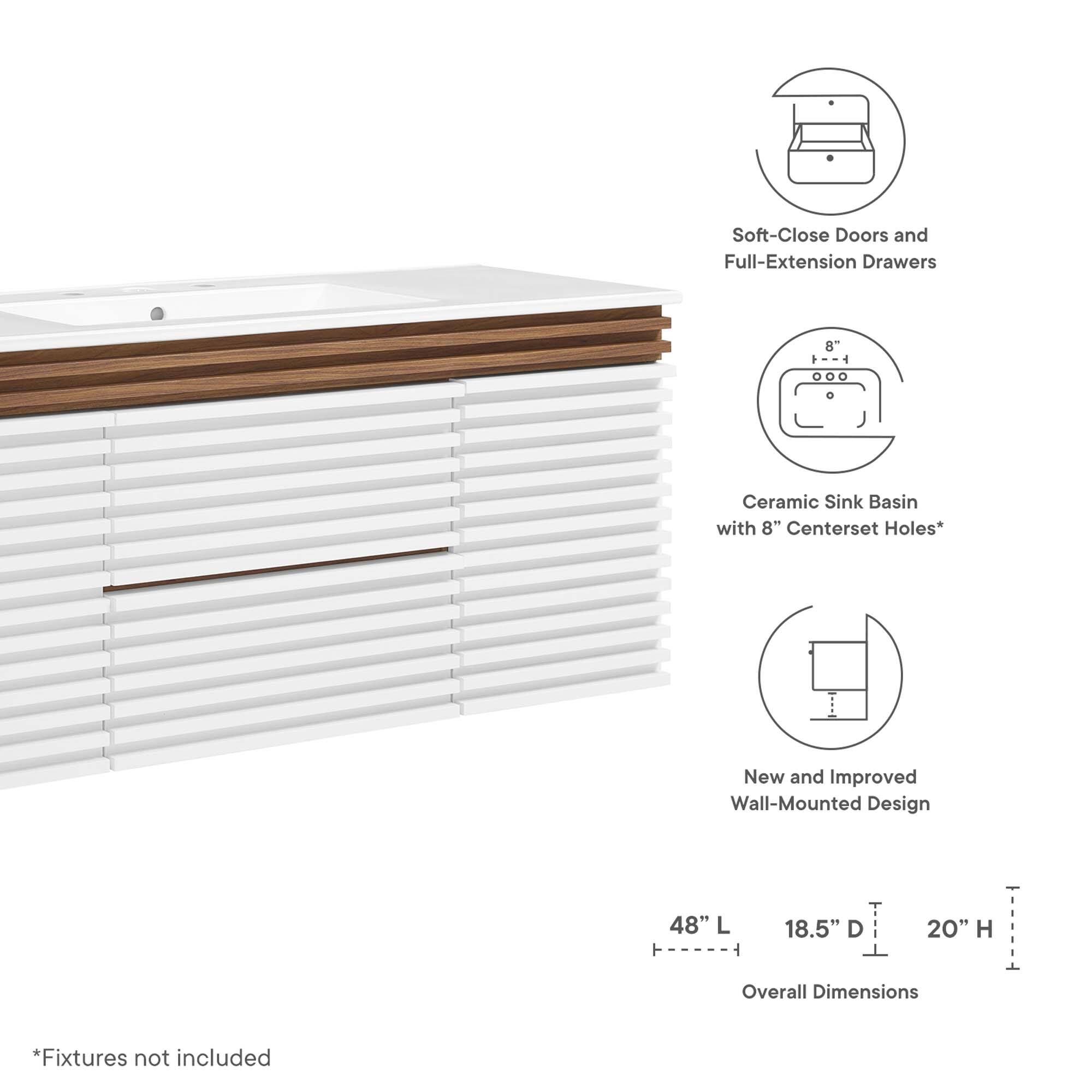 Soft-Close Doors and Full-Extension Drawers  
Ceramic Sink Basin with 8" Centerset Holes*  
New and Improved Wall-Mounted Design  

Overall Dimensions:  
48" L x 18.5" D x 20" H  

*Fixtures not included