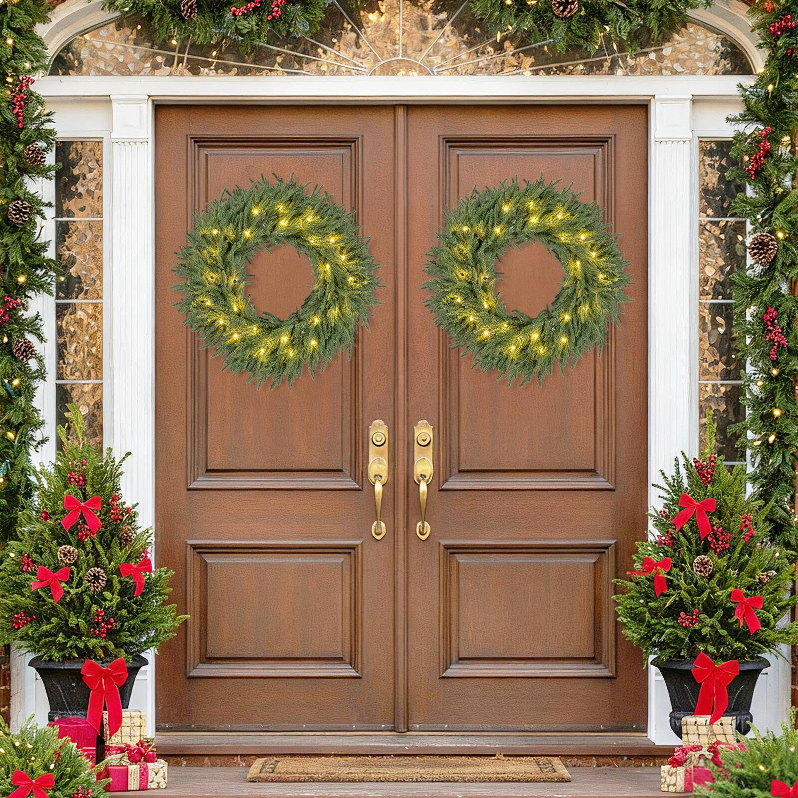 Alt View 1. Costway - Costway 2 PCS 24" Artificial Pre-Lit Christmas Wreath with 108 Branch Tips & 35 LED Lights Advent Calendar - Green.