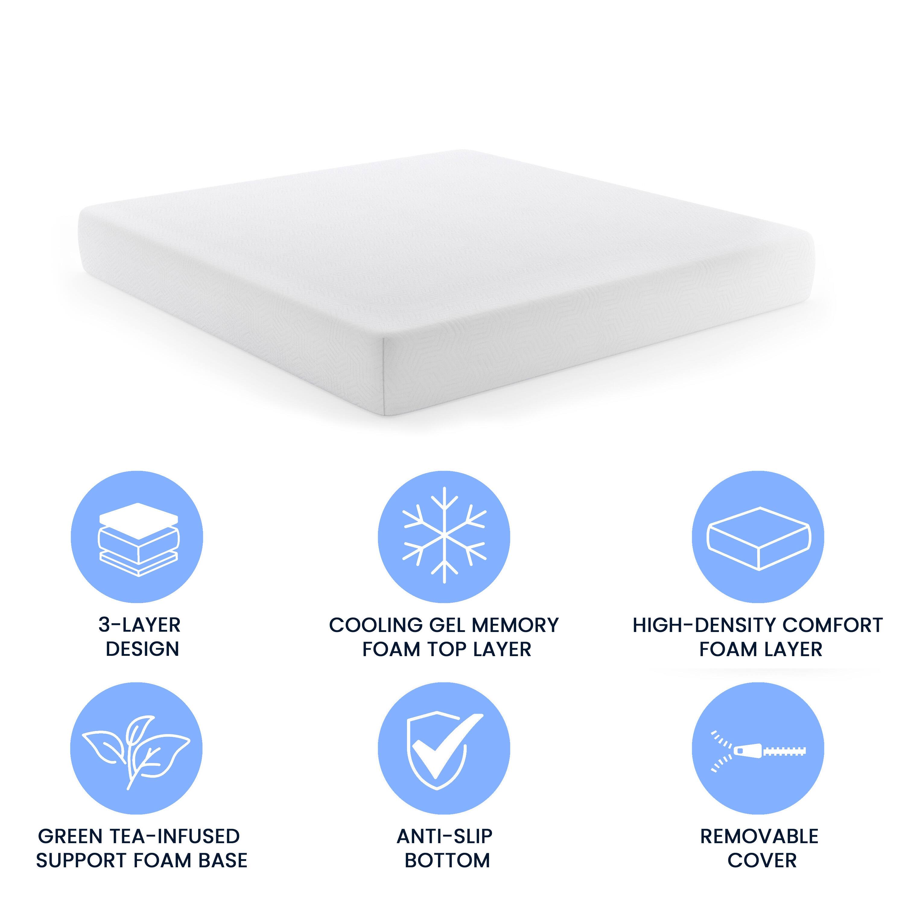 3-Layer Design  
Cooling Gel Memory Foam Top Layer  
High-Density Comfort Foam Layer  
Green Tea-Infused Support Foam Base  
Anti-Slip Bottom  
Removable Cover