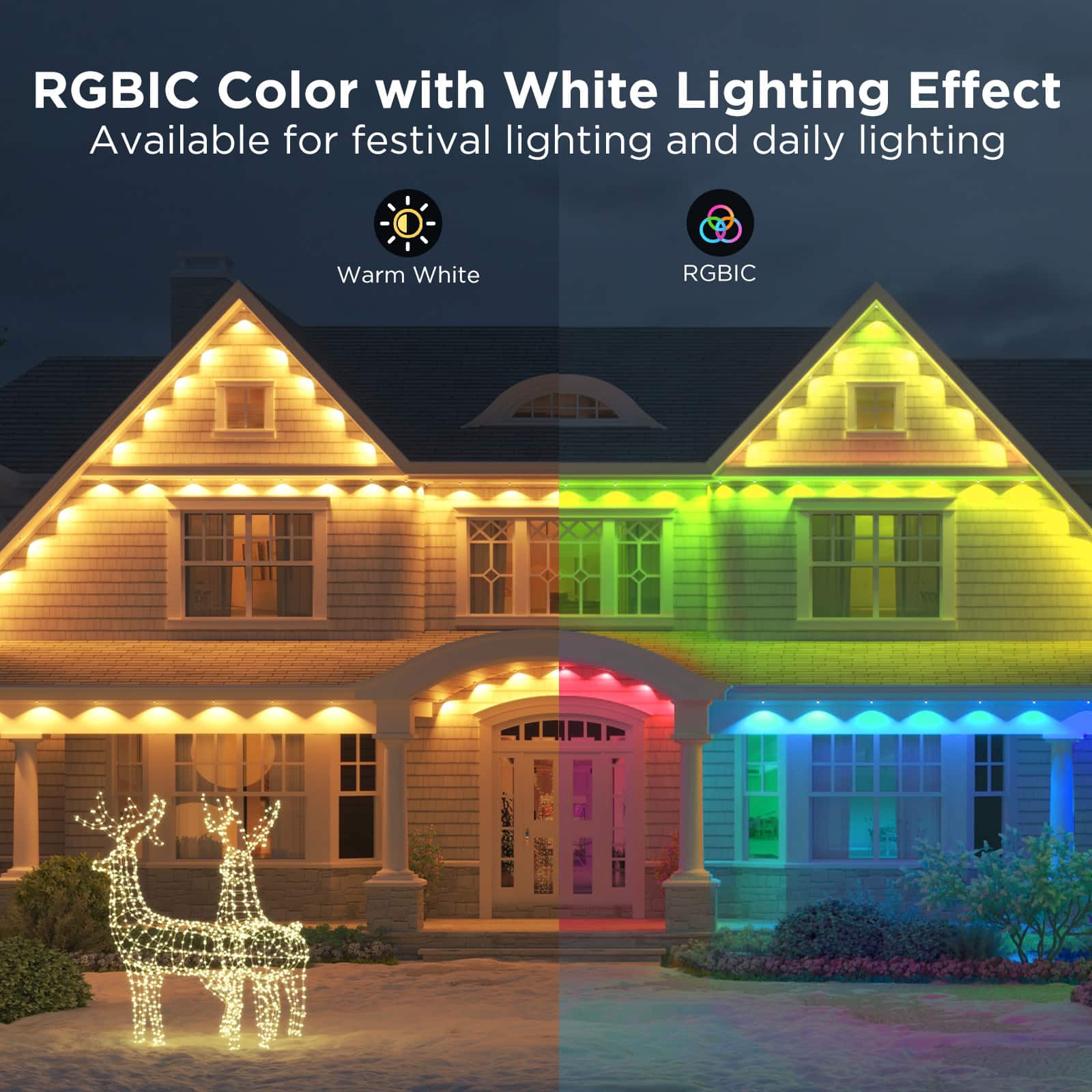 RGBIC Color with White Lighting Effect Available for festival lighting and daily lighting. Warm White RGBIC Yellow Green Blue Indigo Violet
