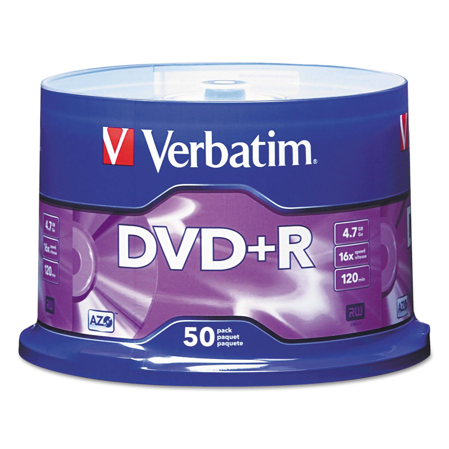 Verbatim  
DVD+R  
4.7 GB  
16x speed  
120 min  
RW  
AZO  
50 pack  
paquete  
AZO