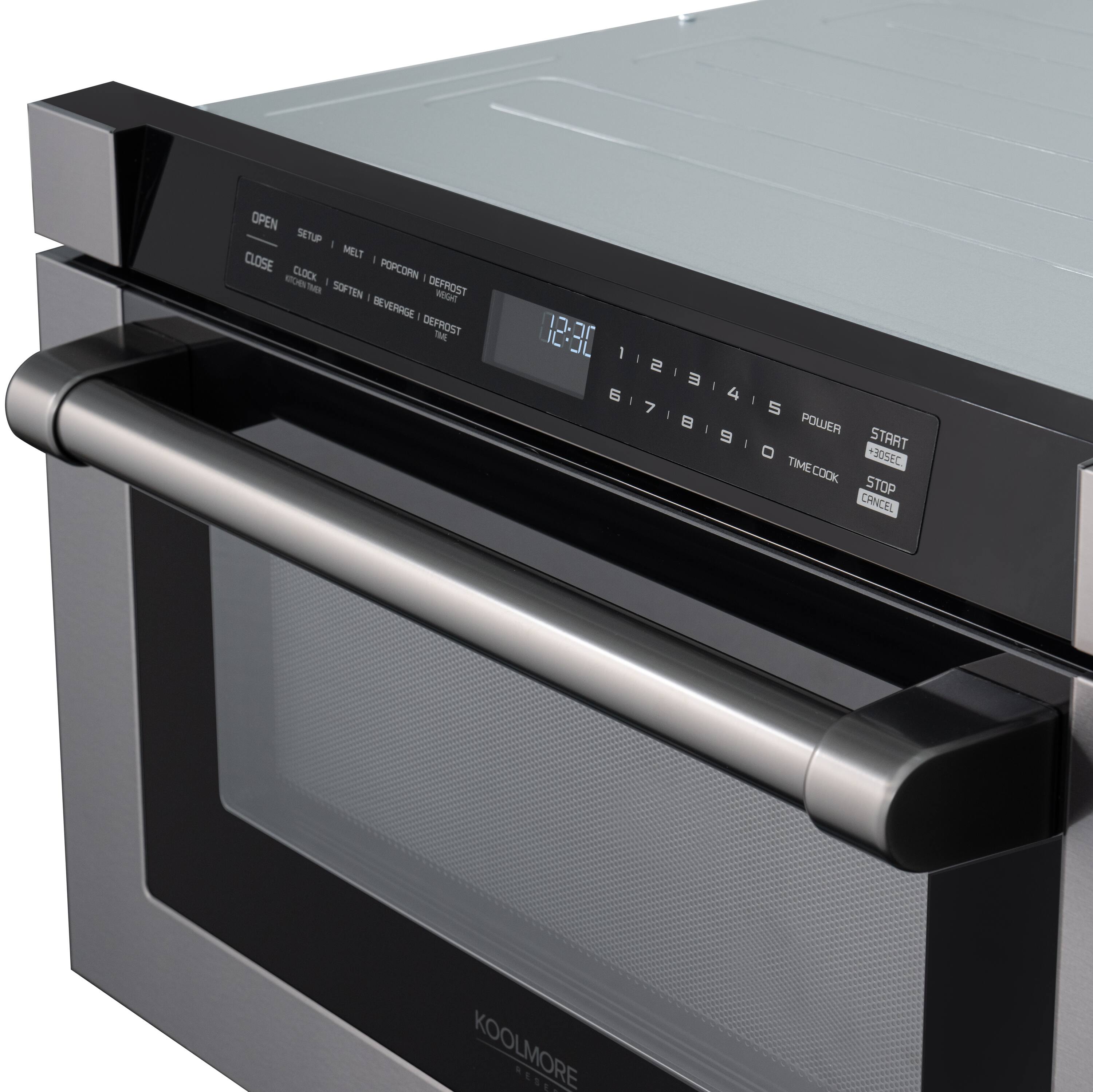 OPEN SETUP - MELT - CLOSE CLOCK POPCORN - SOFTEN DEFROST - BEVERAGE DEFROST 12:30 I - 2 - 112131415 E - 6 - 4  7 - 5 61718/910 B I POWER 9 - START O +30S TIME COOK STOP CANCEL KOOLMORE KLIE