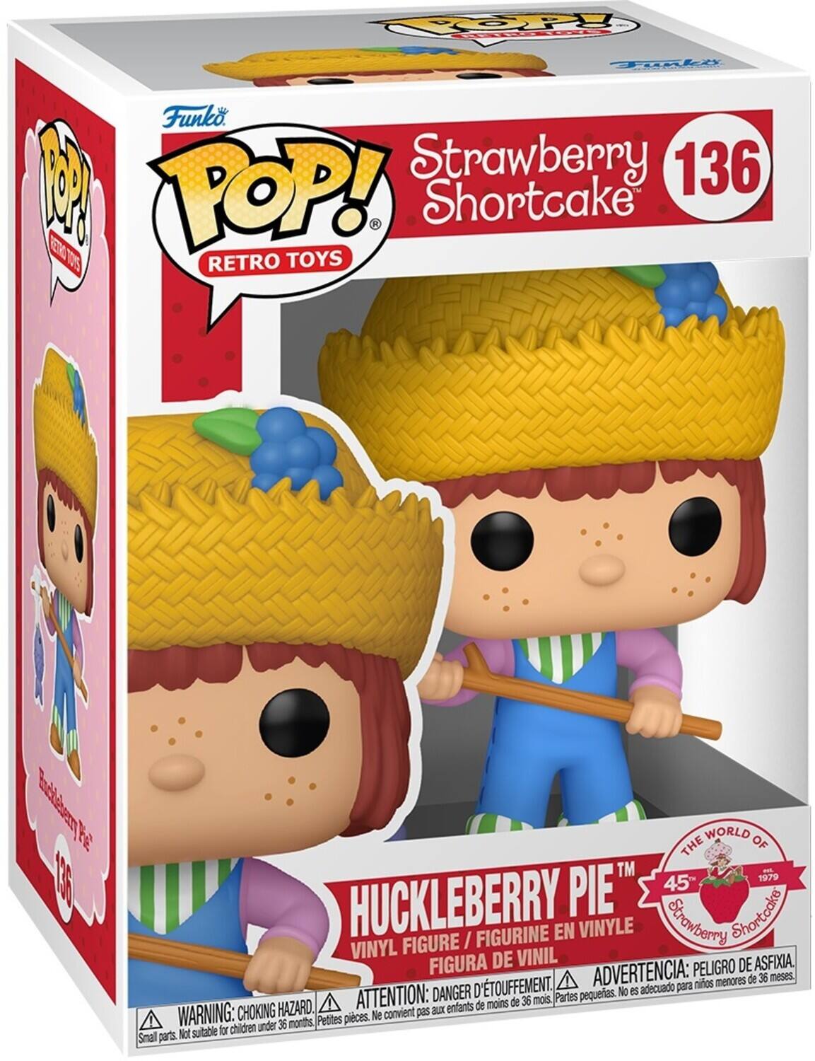 Sure, here is the corrected and grouped text from the image:

---

**Funko POP! RETRO TOYS**

**Strawberry Shortcake**

**136**

**HUCKLEBERRY PIE™**

**VINYL FIGURE / FIGURINE EN VINYLE / FIGURA DE VINIL**

**THE WORLD OF Strawberry Shortcake™**

**45th Anniversary**

**WARNING: CHOKING HAZARD. Small parts. Not suitable for children under 36 months.**

**ATTENTION: DANGER D'ÉTOUFFEMENT. Petites pièces. Ne convient pas aux enfants de moins de 36 mois.**

**ADVERTENCIA: PELIGRO DE ASFIXIA. Partes pequeñas. No es adecuado para niños menores de 36 meses.**

---

This text is organized to reflect the information on the packaging.