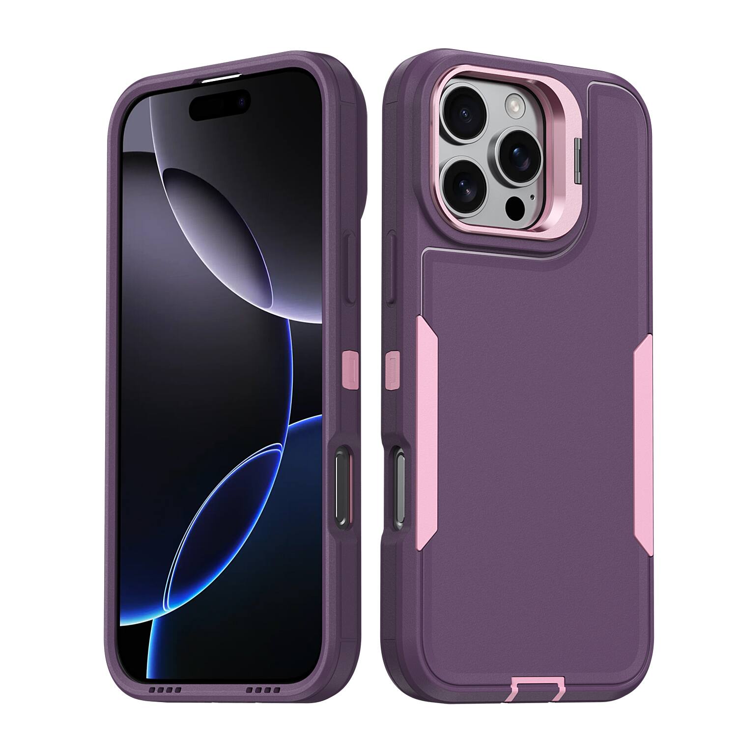 Angle. Dteck - For Apple iPhone 16 Pro Max Rugged Case, Heavy Duty Dual Layer Shockproof Lens Kickstand Drop Protection Cover - Purple.