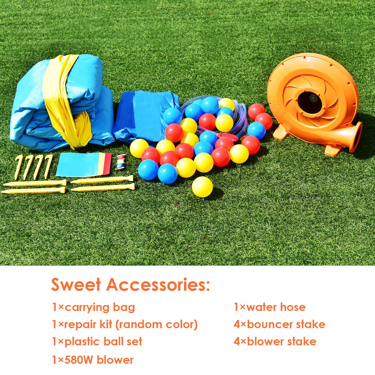 Sweet Accessories:

1x carrying bag  
1x repair kit (random color)  
1x plastic ball set  
1x 580W blower  
1x water hose  
4x bouncer stake  
4x blower stake