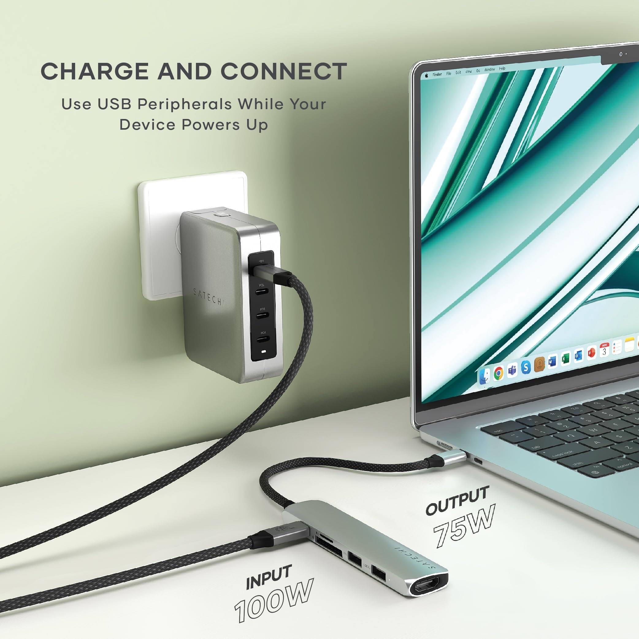 CHARGE AND CONNECT  
Use USB Peripherals While Your Device Powers Up  

SATECHI  

INPUT 100W  
OUTPUT 75W
