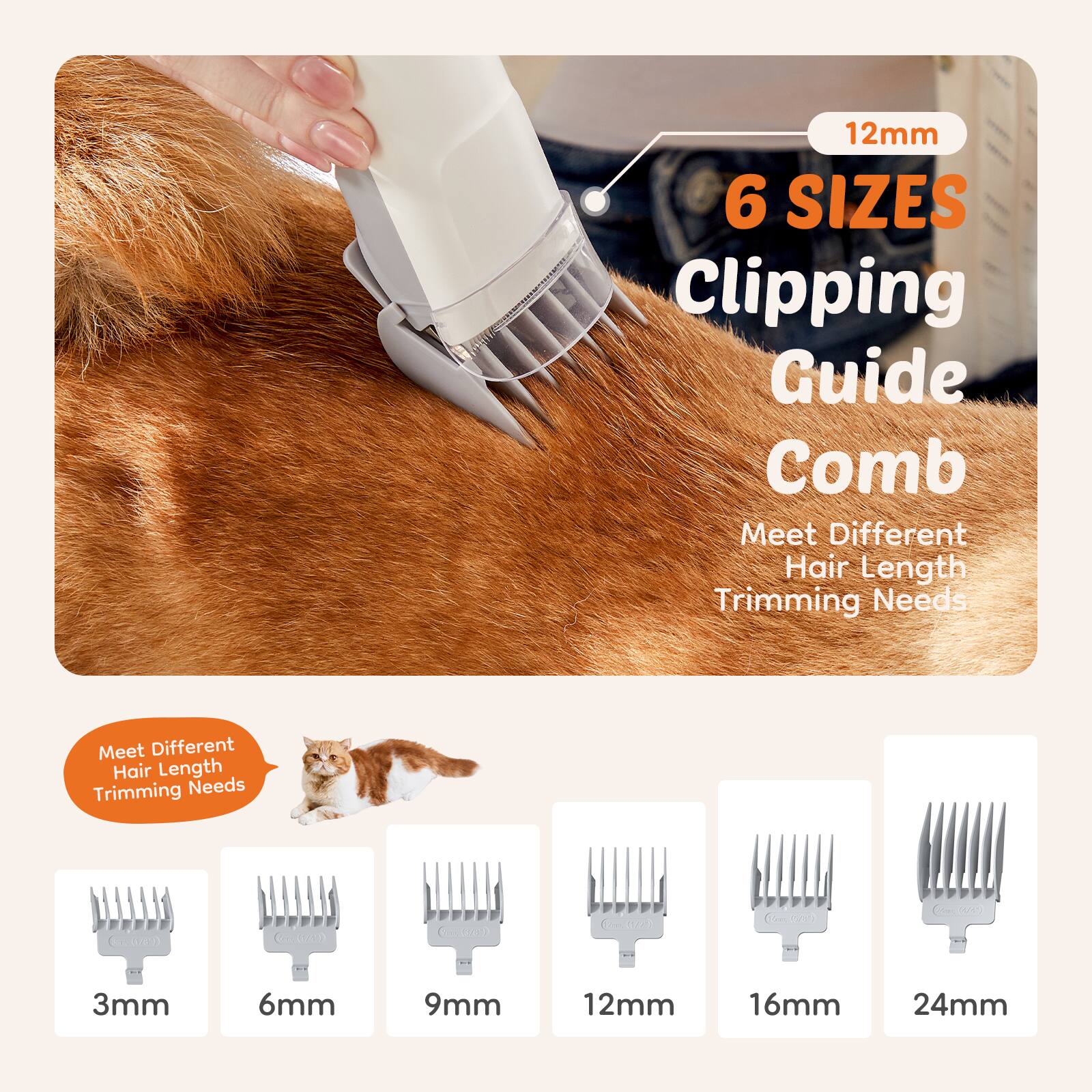 12mm  
6 SIZES  
Clipping Guide Comb  
Meet Different Hair Length Trimming Needs  

3mm  
6mm  
9mm  
12mm  
16mm  
24mm  

Meet Different Hair Length Trimming Needs