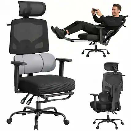 Front. COQOOL - Ergonomic Mesh Office Chair with Footrest, Adaptive Lumbar Support, Adjustable Headrest & 3D Armrests - black.