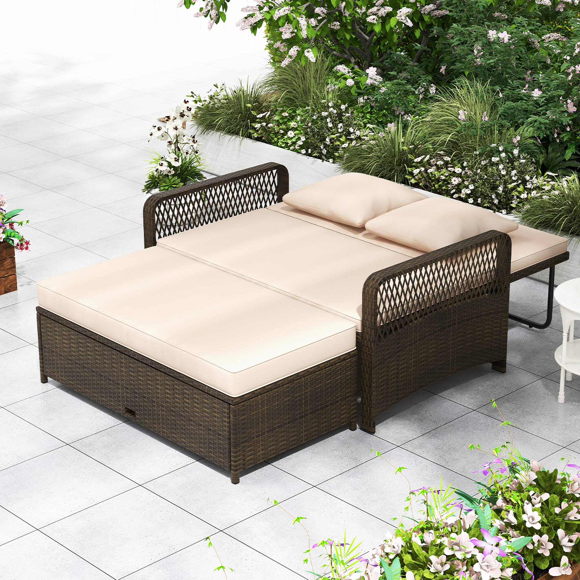 Alt View 3. Gymax - Gymax Patio Rattan Daybed Wicker Loveseat Sofa w/ Multifunctional Ottoman Beige - Beige.