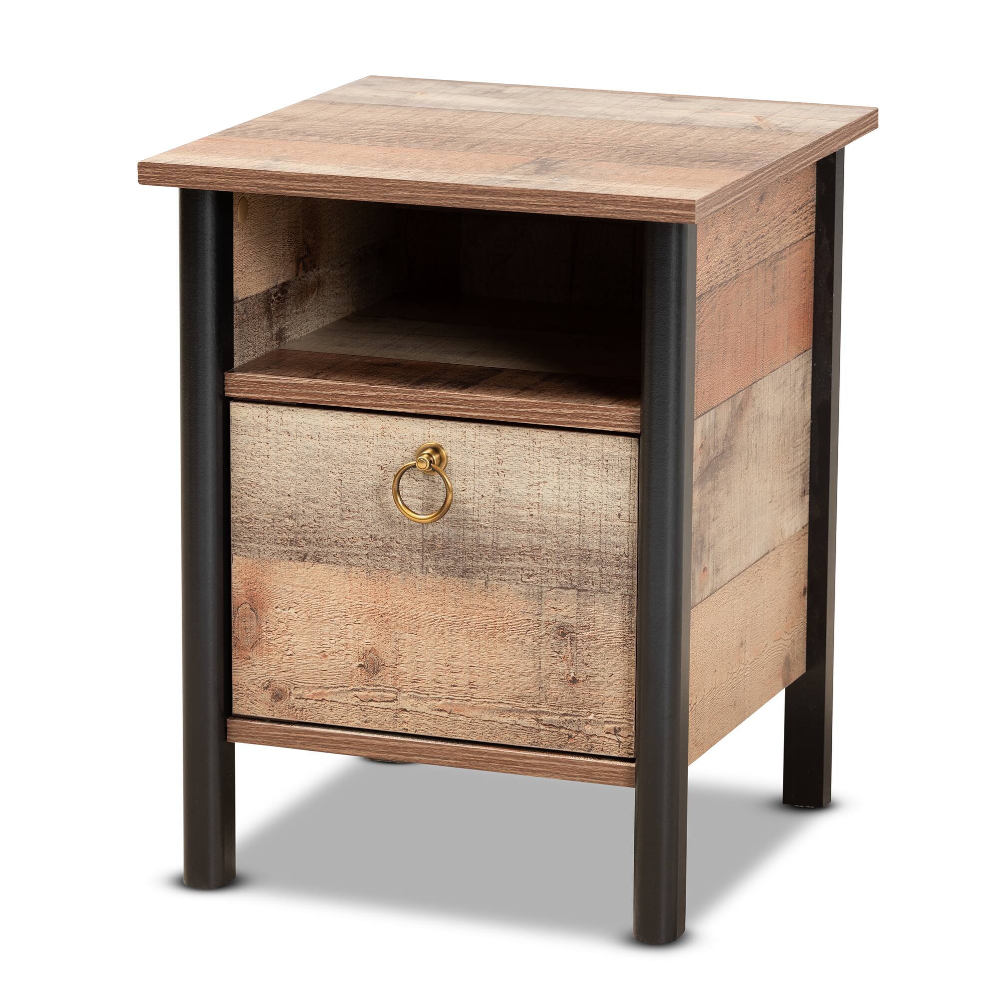 Baxton Studio - Vaughan Modern and Contemporary Rustic Finished Wood Nightstand - Oak Brown/Black